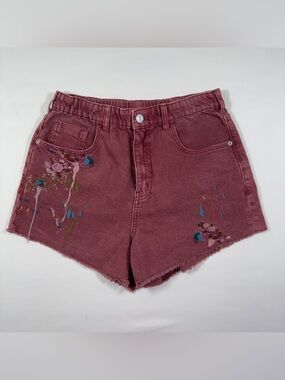 Pilcro Anthropologie Pink Denim Shorts Women Small Embroidered Floral Raw Hem